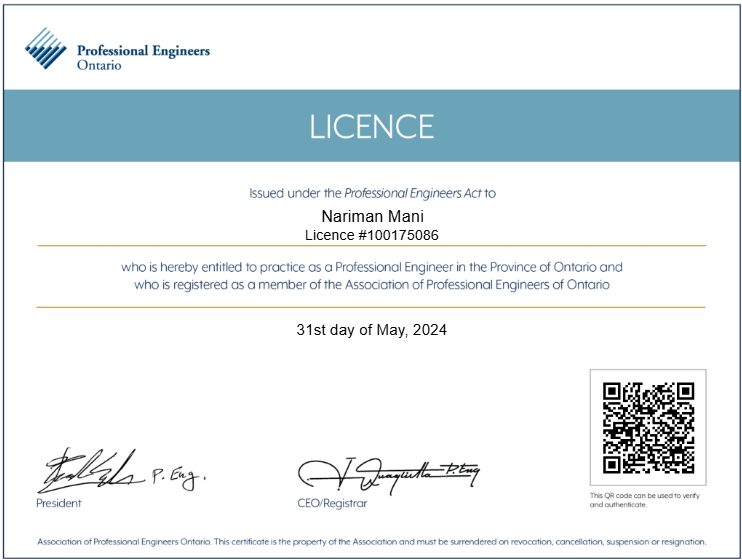 Professional Engineer (PEng) in the Provience of Ontario